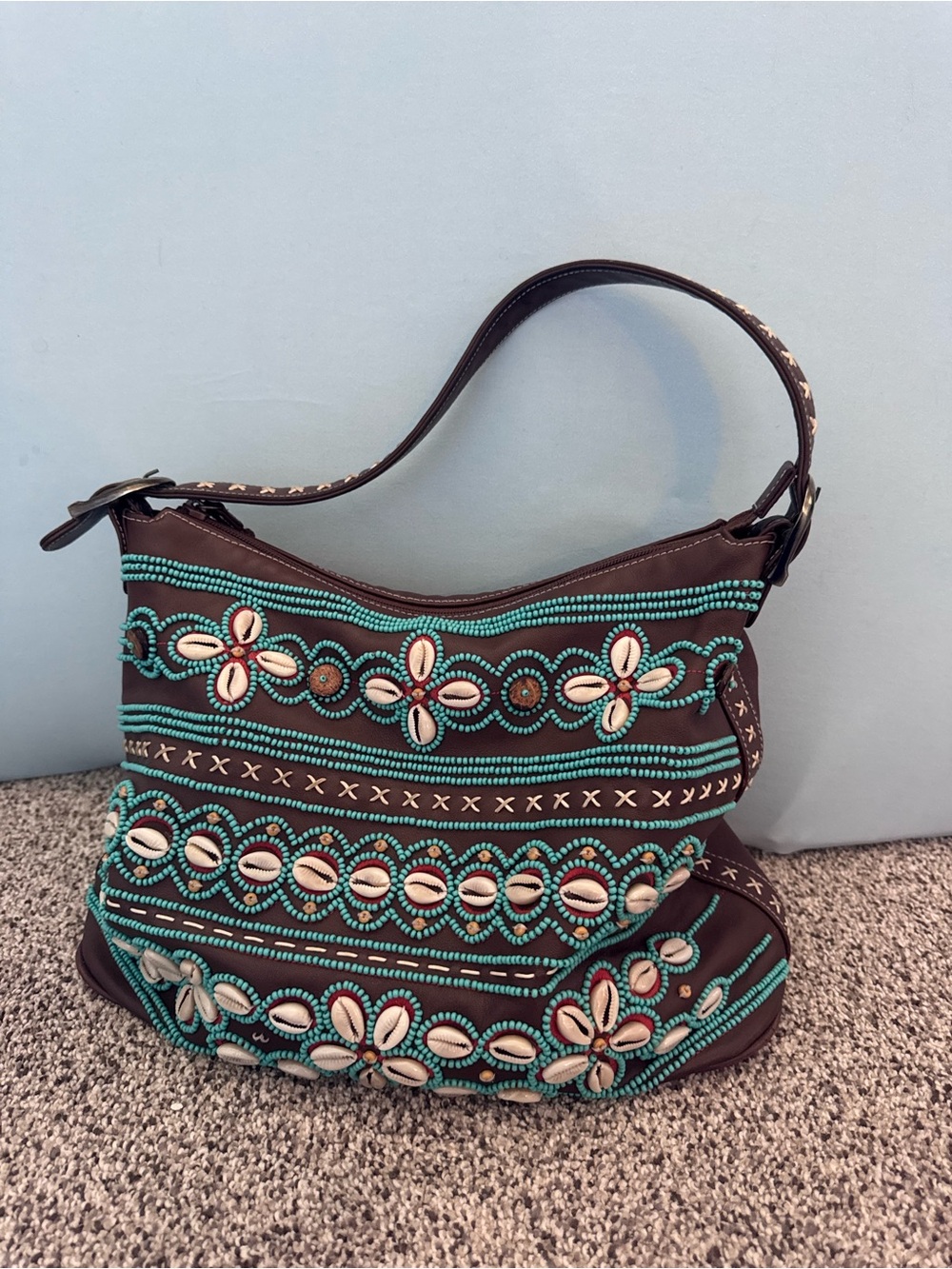 Isabella Fiore Shell Shocked Mina Hobo Bag Cowrie Shell Beaded Y2K Boho